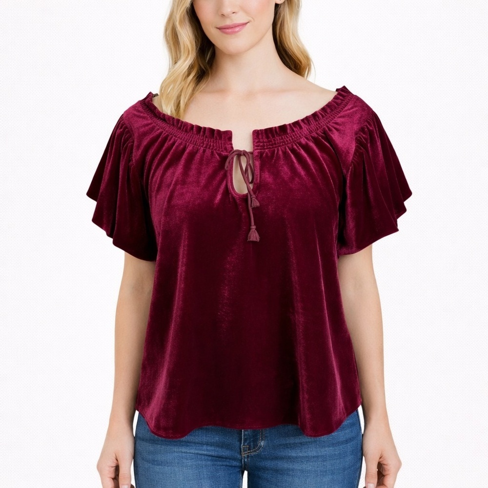 Free People Terese Garnet Red Velvet Short Puff Sleeve Top Boho Fall Size M